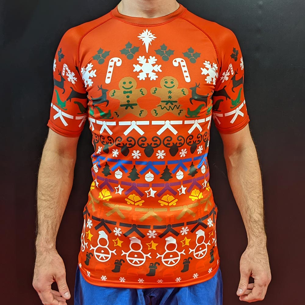 X‑Mas BJJ Rashguard – Red Short‑Sleeve Holiday Grappling Shirt - The Fight Hub